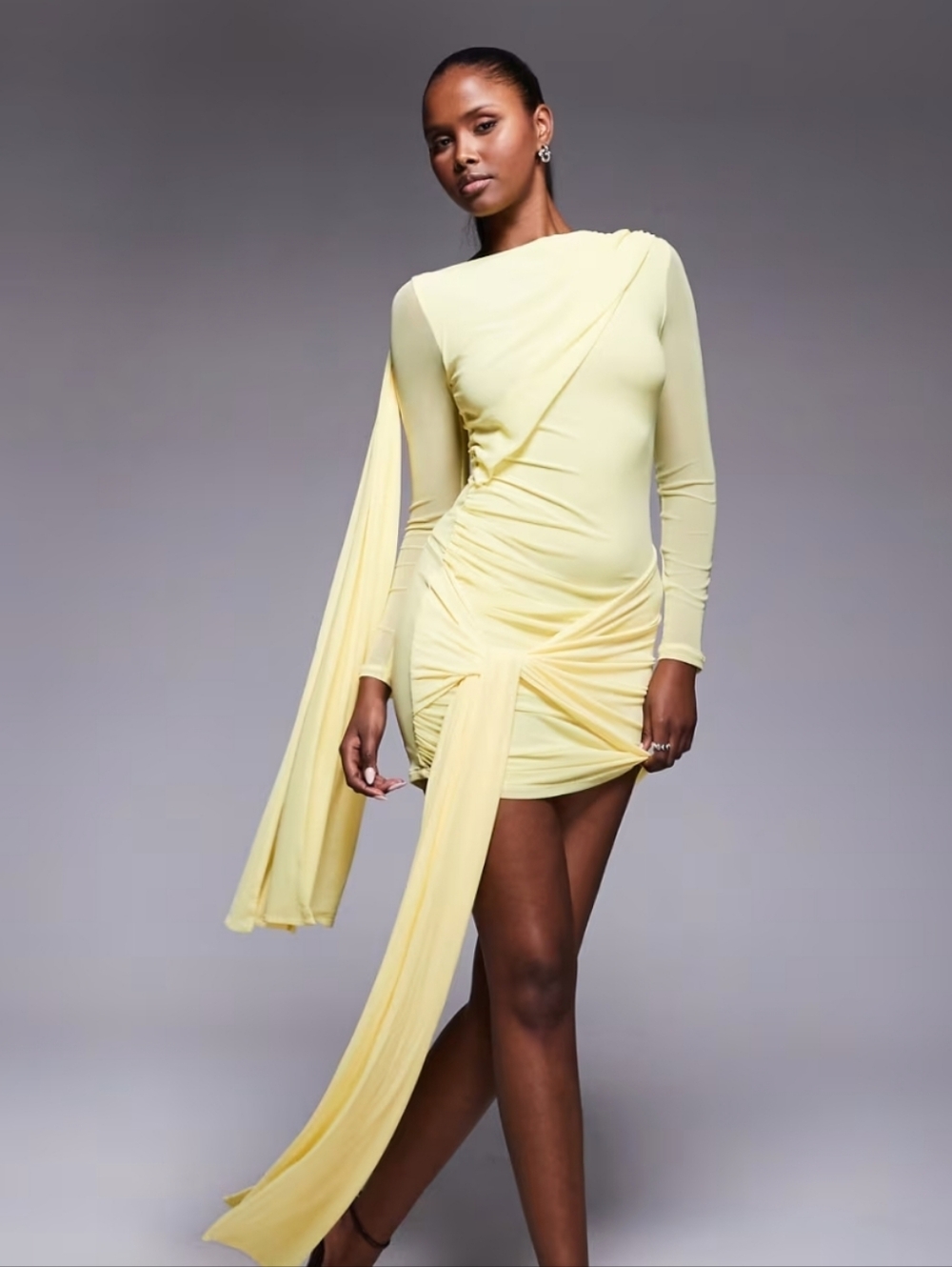 ASOS Pale Yellow Long-Sleeve Draped Mini Dress